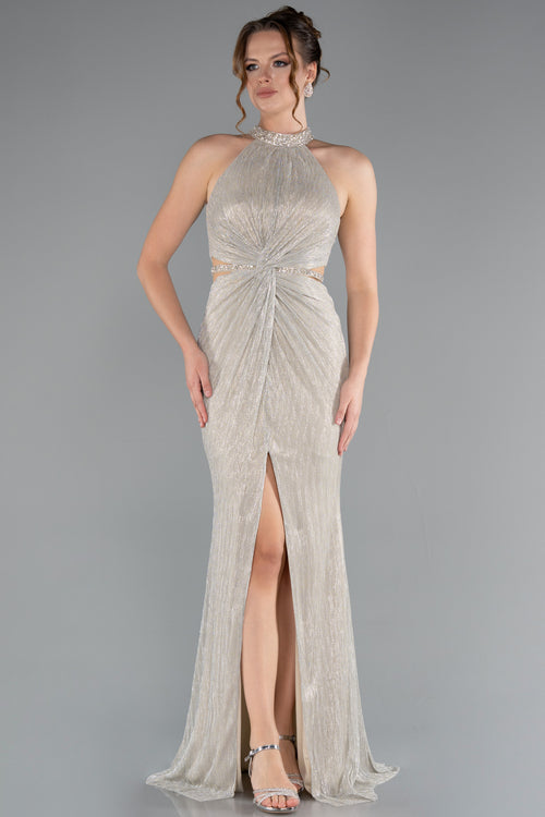 Beige Halter Neck Slit Long Evening Gown ABU4324