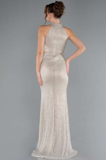 Beige Halter Neck Slit Long Evening Gown ABU4324